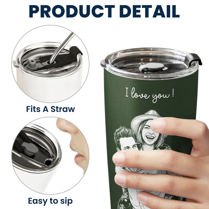 Custom Couple Photo Sketch Line Art Anniversary Gift For Him, Her - Personalized Tumbler Cup