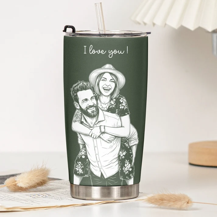Custom Couple Photo Sketch Line Art Anniversary Gift For Him, Her - Personalized Tumbler Cup