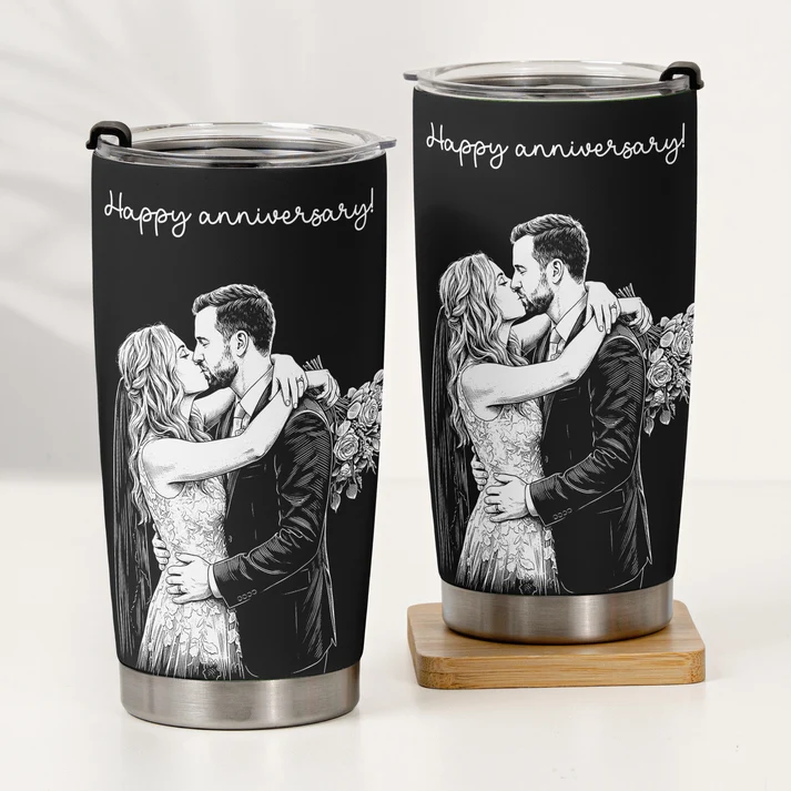 Custom Couple Photo Sketch Line Art Anniversary Gift For Him, Her - Personalized Tumbler Cup